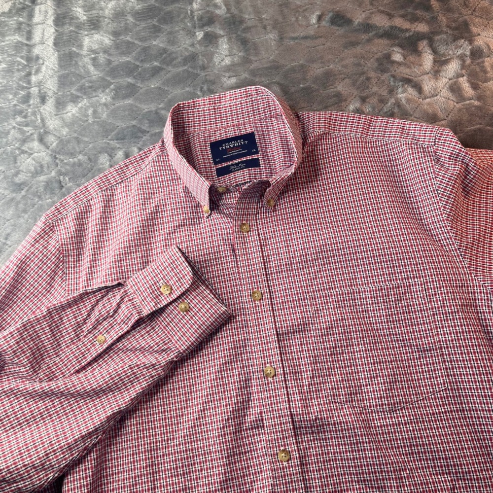 Charles Tyrwhitt Mens XL Classic Fit Red Blue Gingham Non-Iron Cotton Shirt